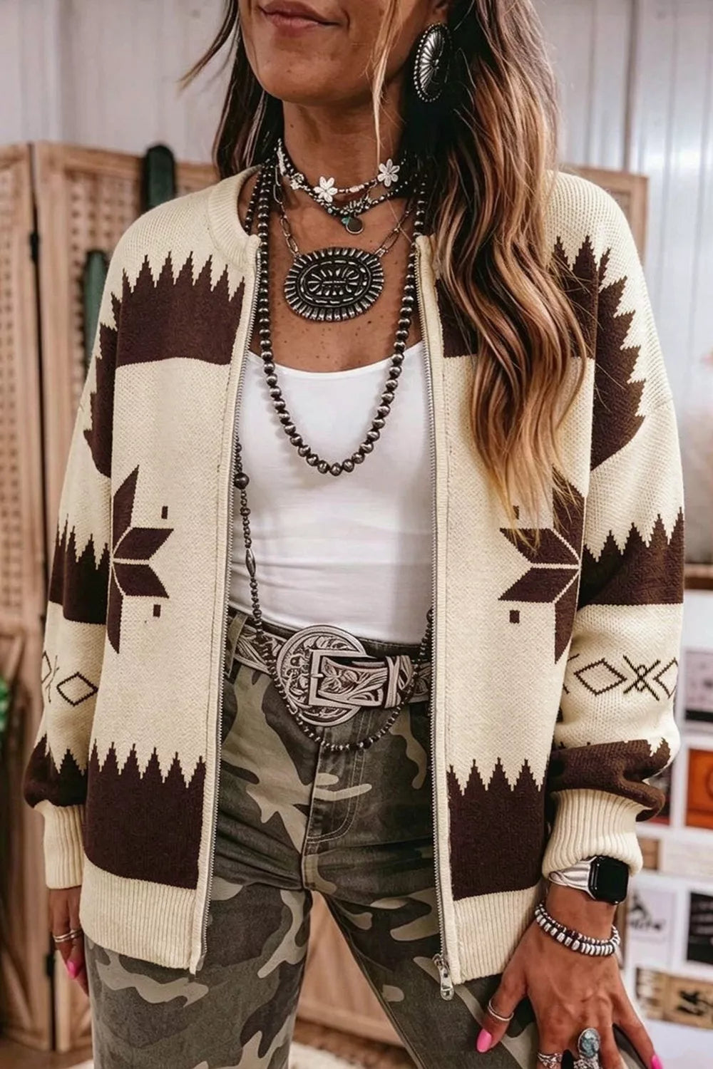 Women's Geometric Zip-Up Knit Cardigan in Beige, front view