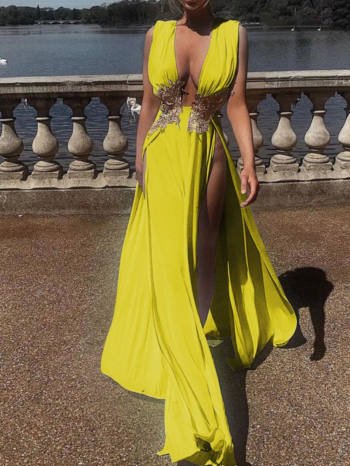 Trendsi Deep V-Neck High Slit Maxi Dress -