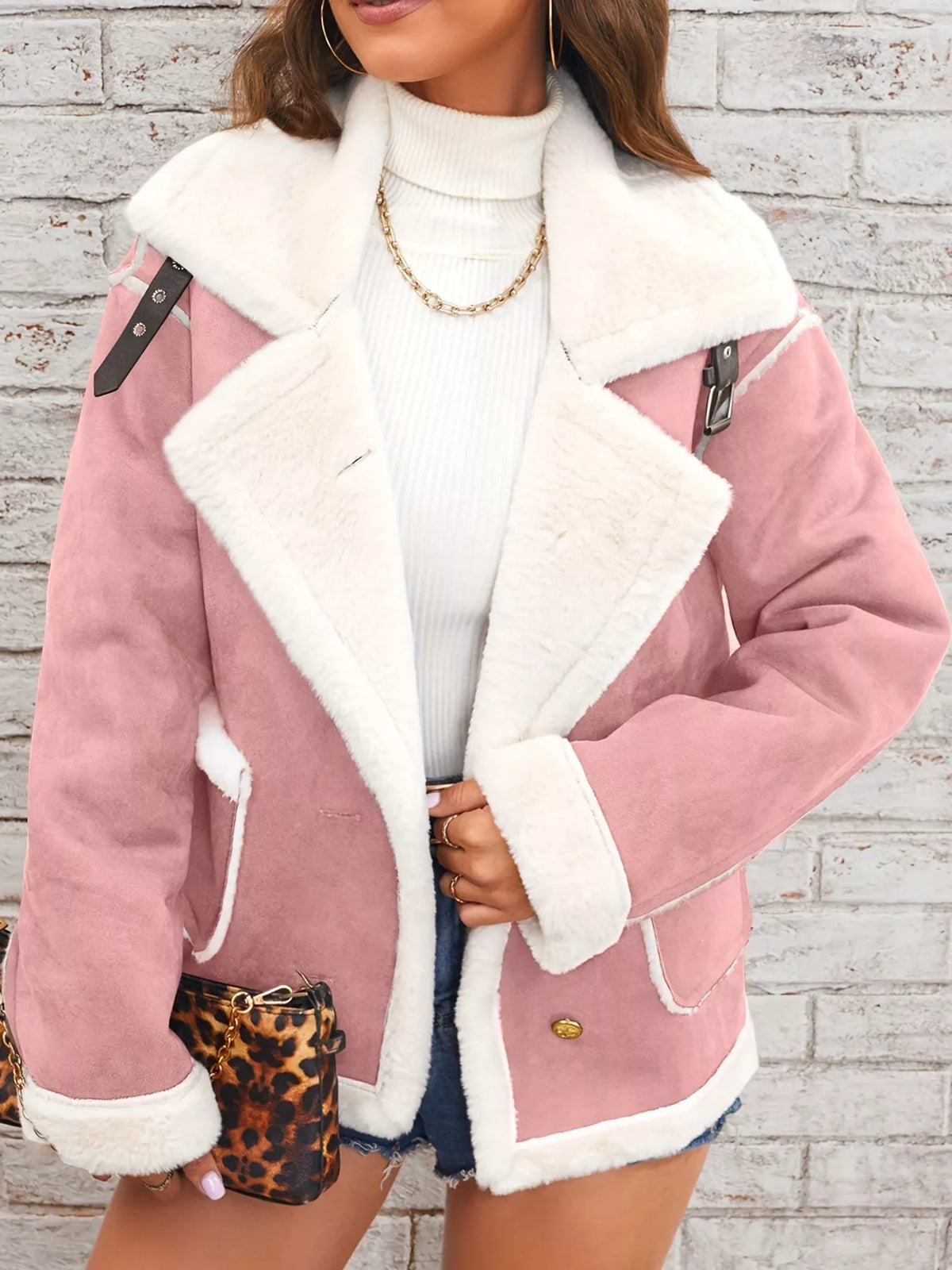 Pink plush-lined button-front jacket — front view