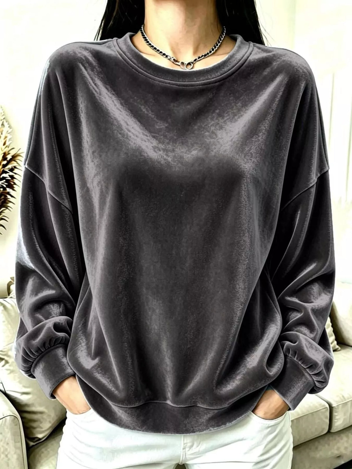 Women's Velvet Dropped Shoulder Sweatshirt in gray — front view