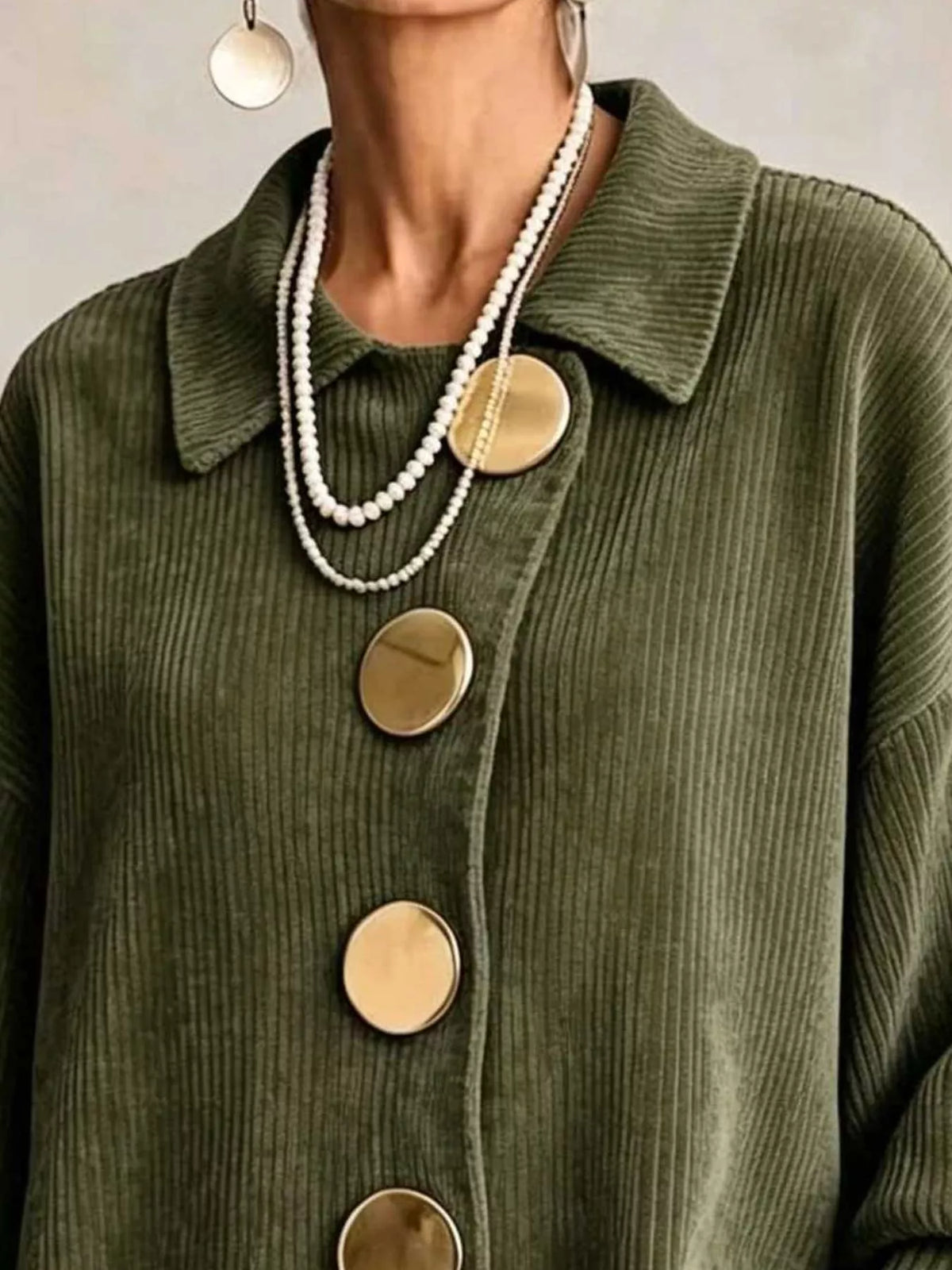Women's Ribbed Knit Gold Buttons Cardigan in olive — collar detail view