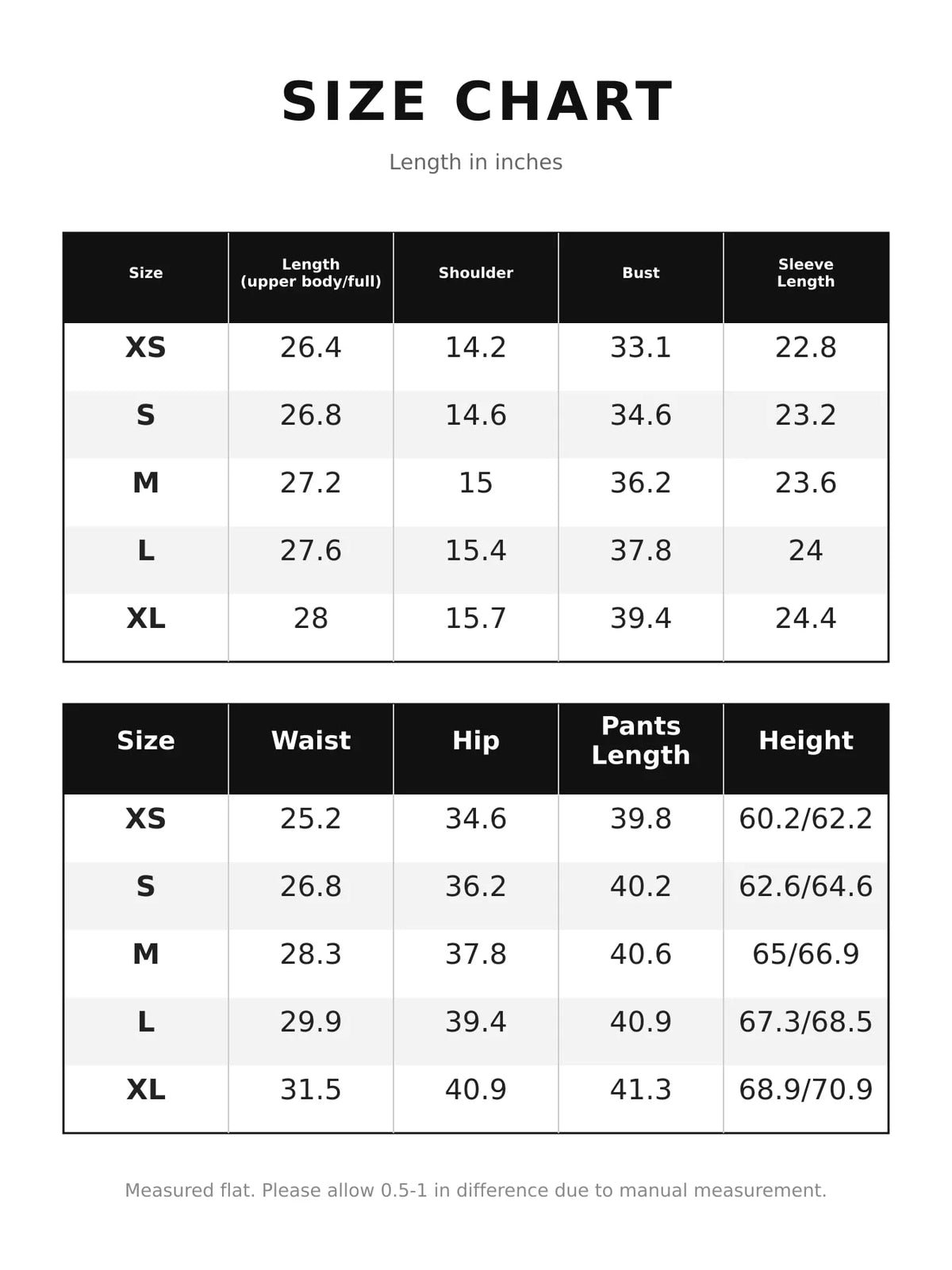 Size chart for double-breasted lapel blazer and pants set