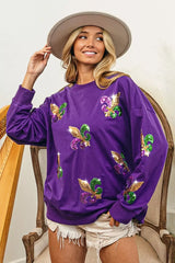 Trendsi BiBi Fleur De Lis Sequin Patches Mardi Gras Sweatshirt -