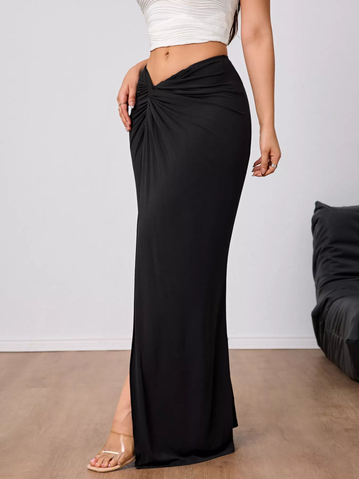 Women's Slit Twist-Front Bodycon Maxi Skirt in Black, full-length view