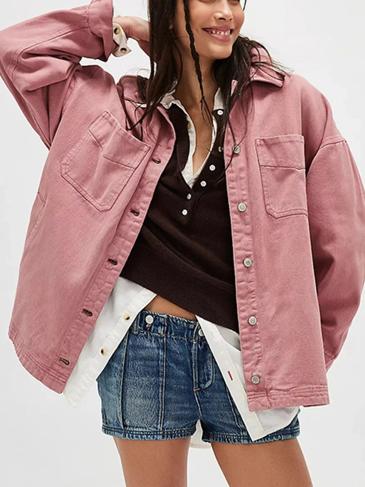 Pink button up long sleeve denim jacket