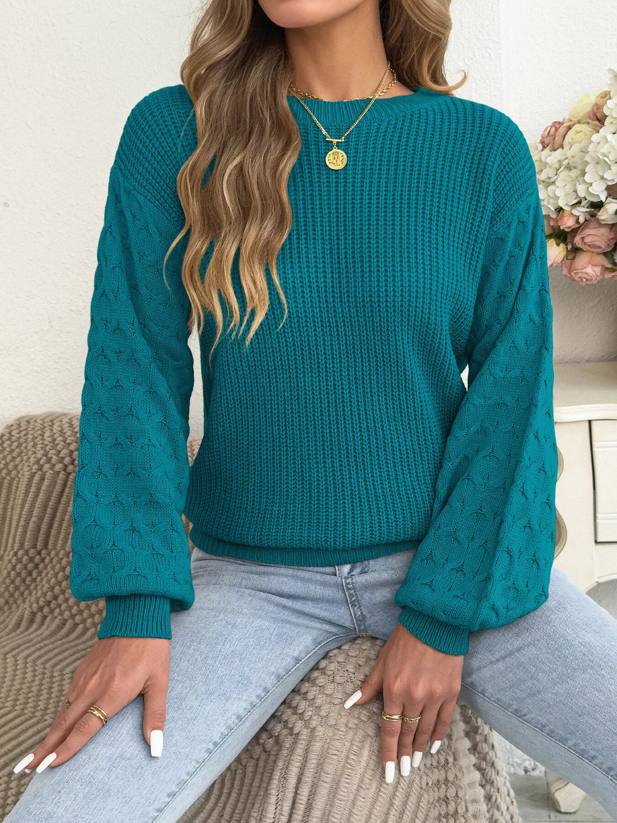 Peacock Blue textured dropped shoulder sweater