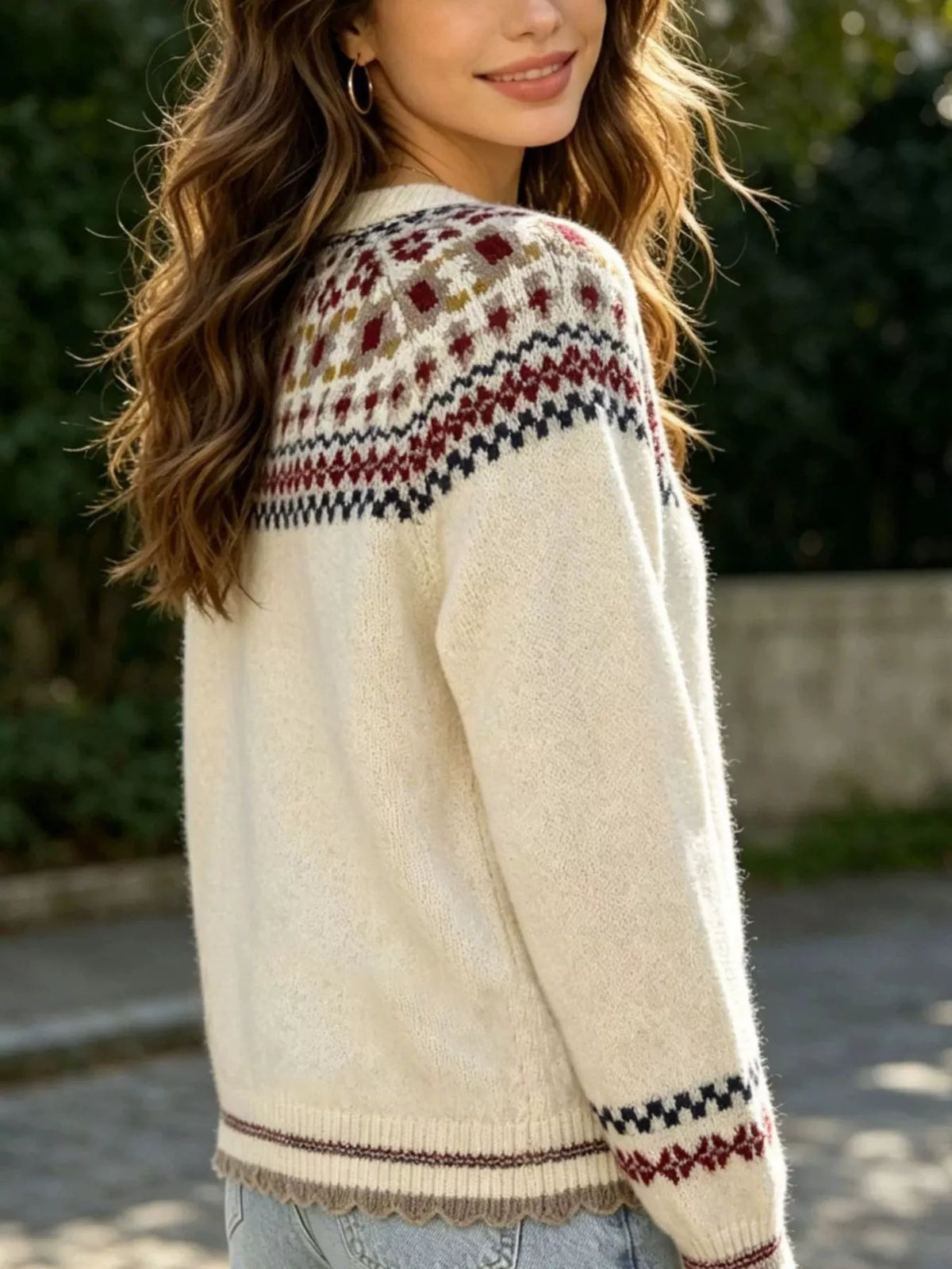 Cream fair isle button-front knit cardigan, back view.