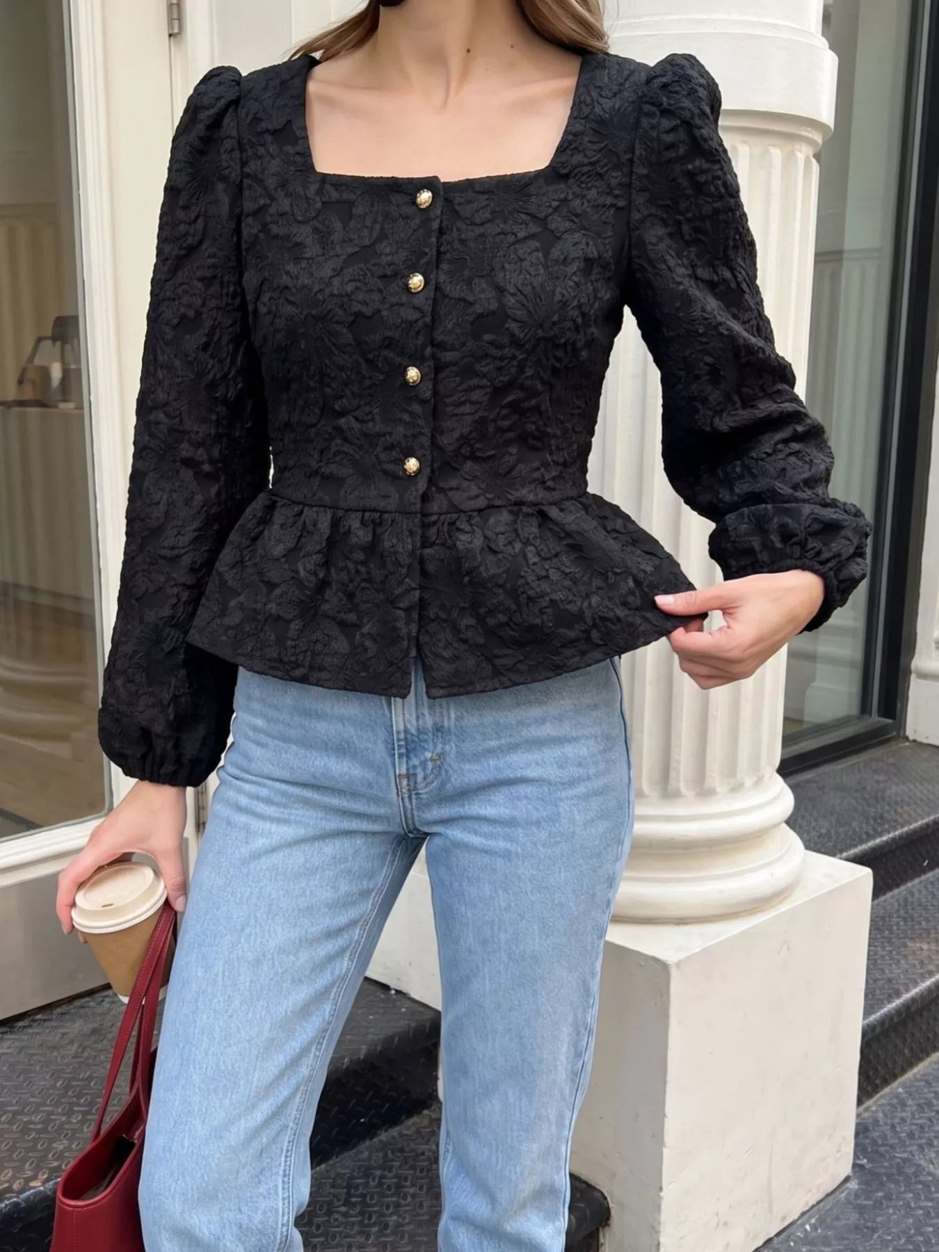 Trendsi Square Neck Textured Peplum Blouse -