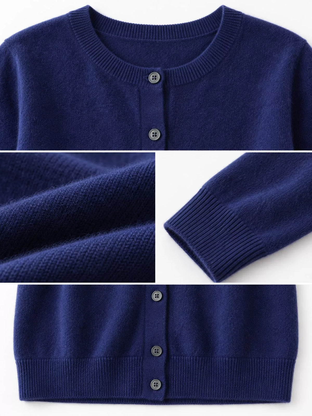 Navy crew neck button-front cardigan, knit details