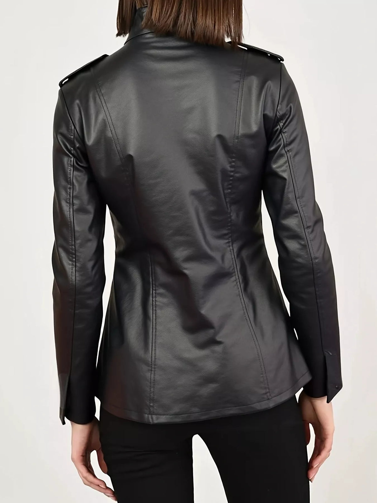 Black Long Sleeve Moto Jacket with Zip Pockets back view