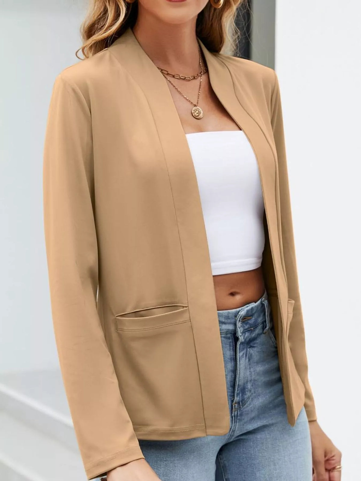 Mandarin neck long sleeve blazer, front view on model