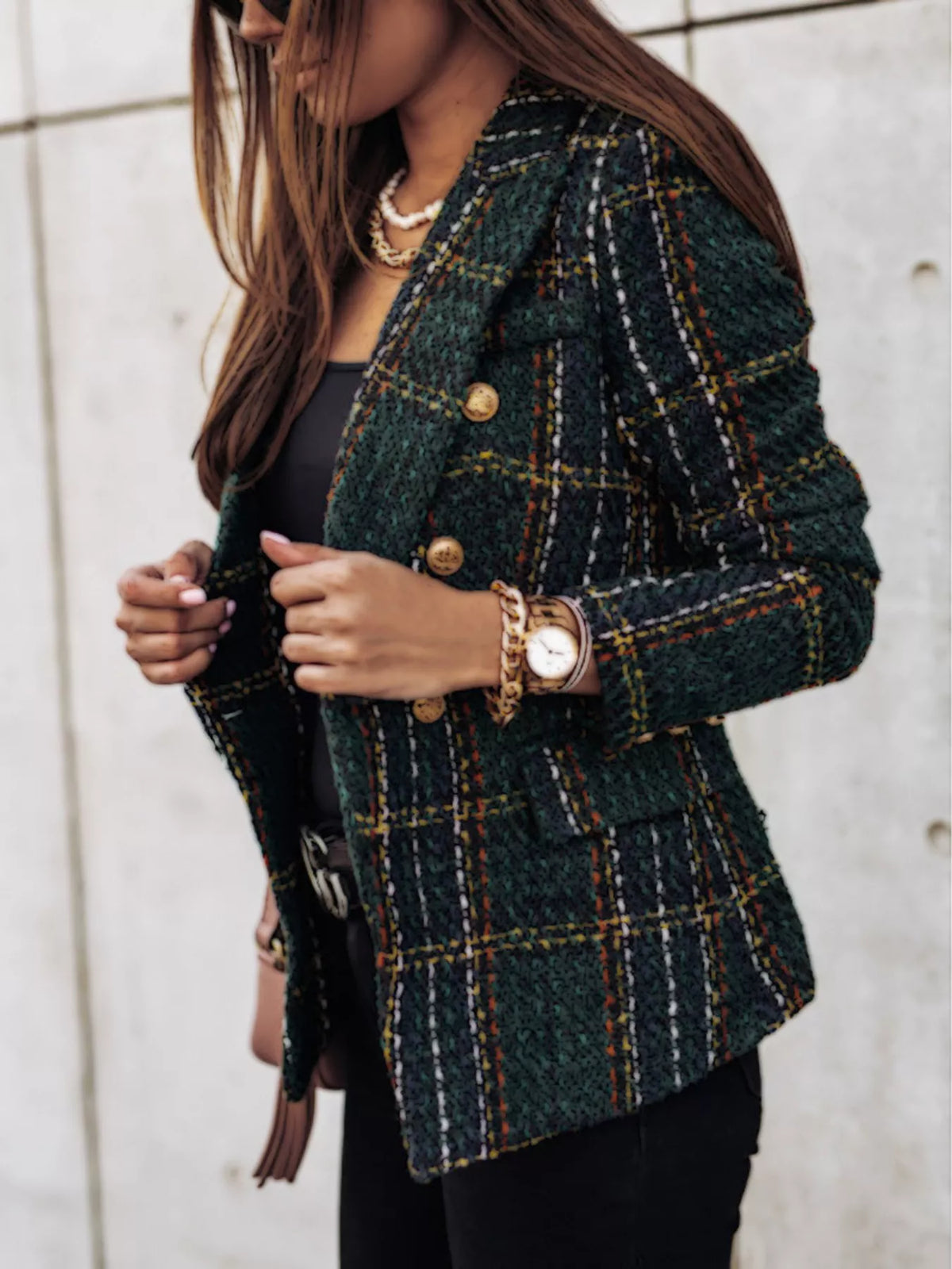 Plaid tweed-look double-breasted blazer