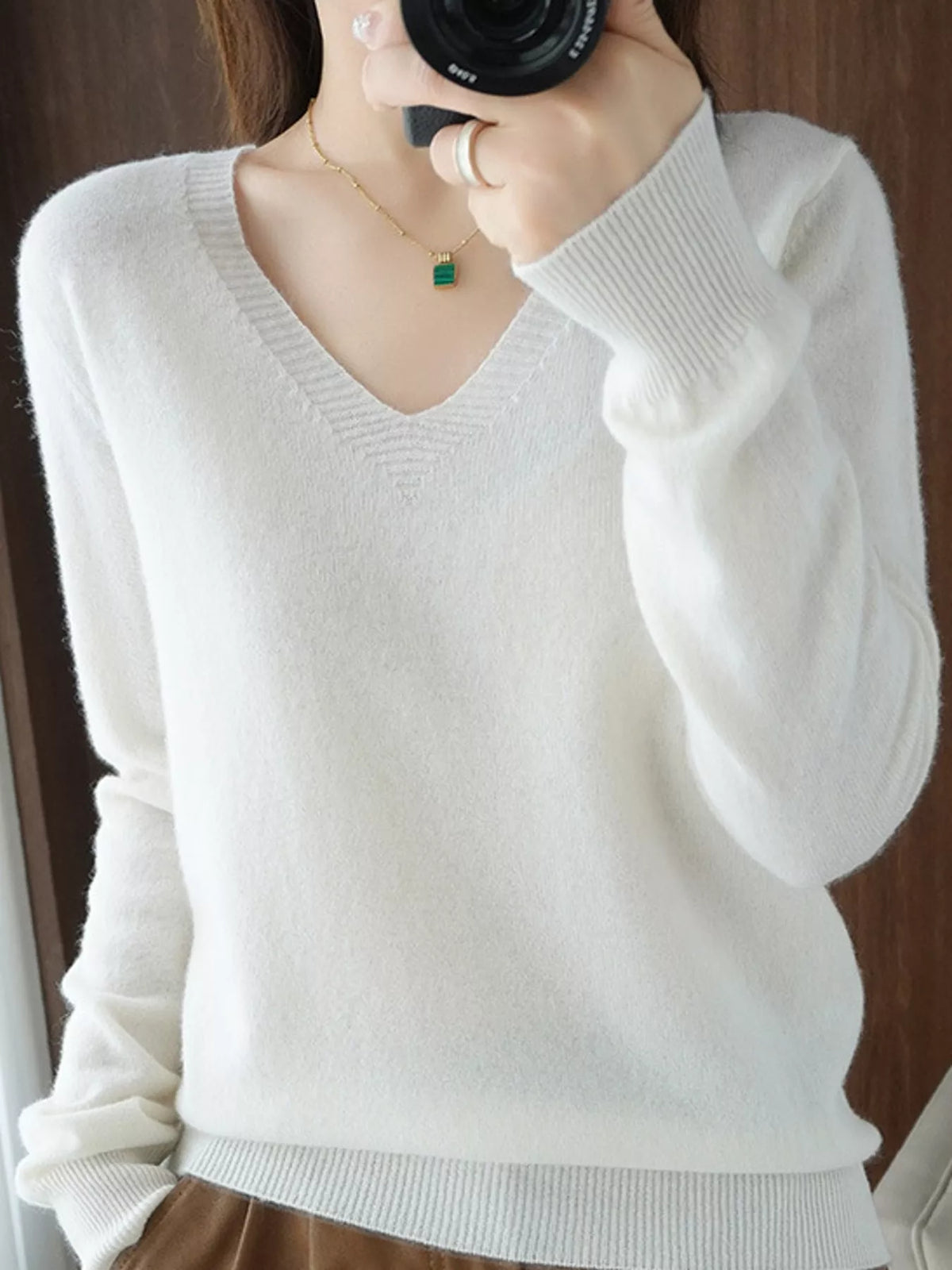 V-Neck Knit Sweater in white