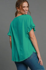 Trendsi Umgee Full Size Raw Hem Ruffle Short Sleeve Blouse Plus Size -