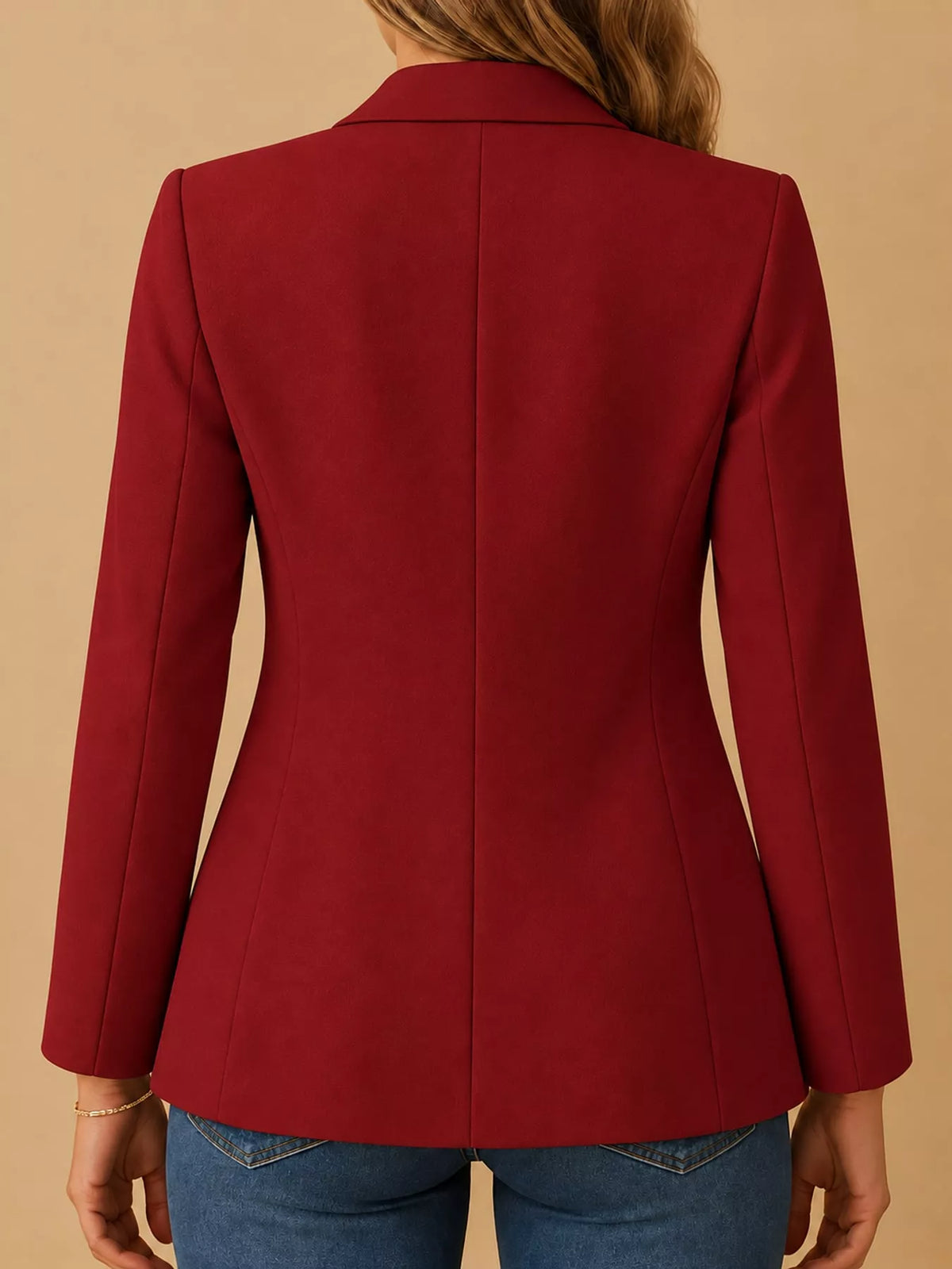 Collared long sleeve blazer, back view
