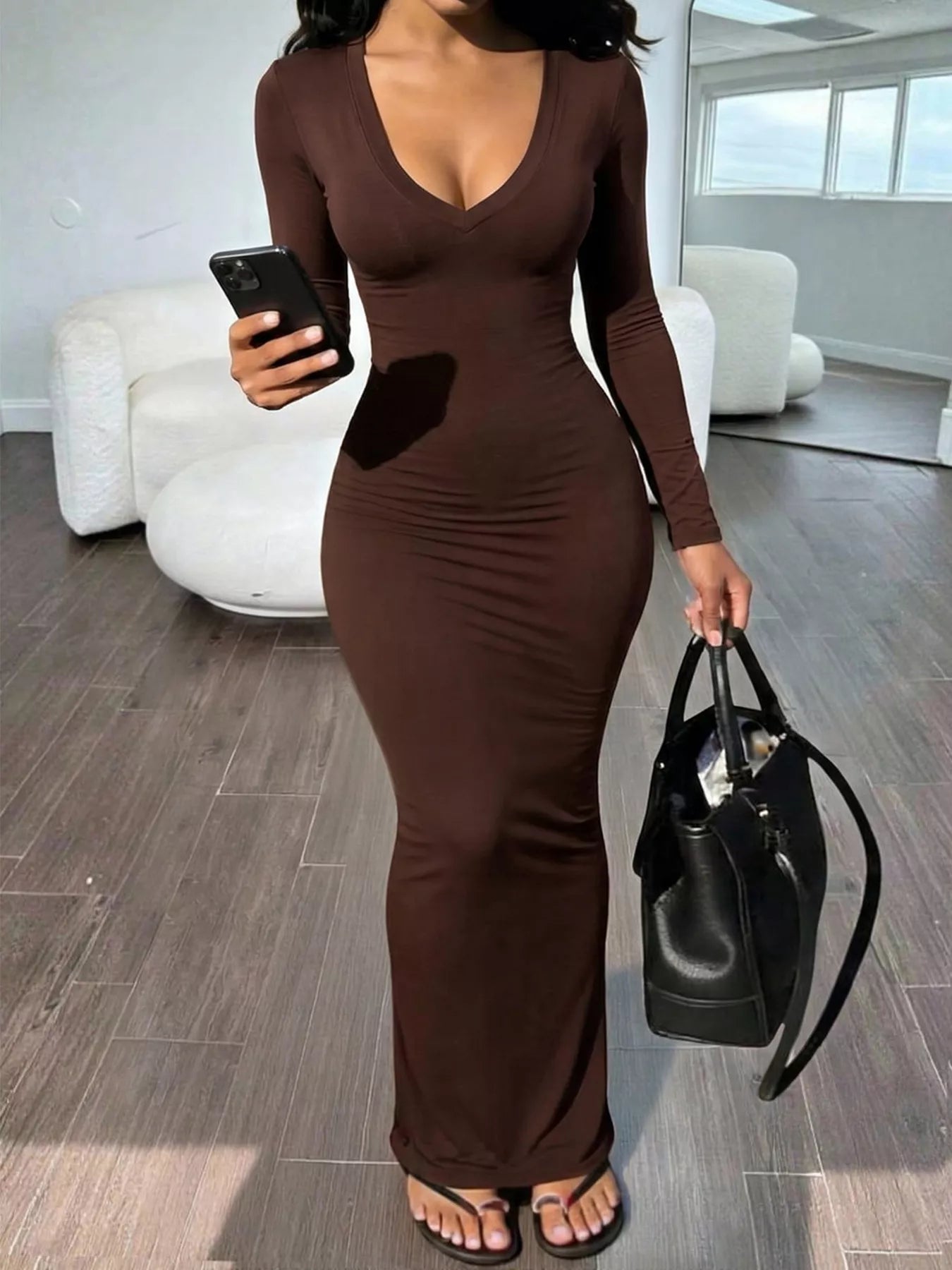 Trendsi Long Sleeve V-Neck Ruched Maxi Dress -