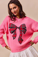 Trendsi SO ME Checker Plaid Ribbon Christmas Holiday Sweater -