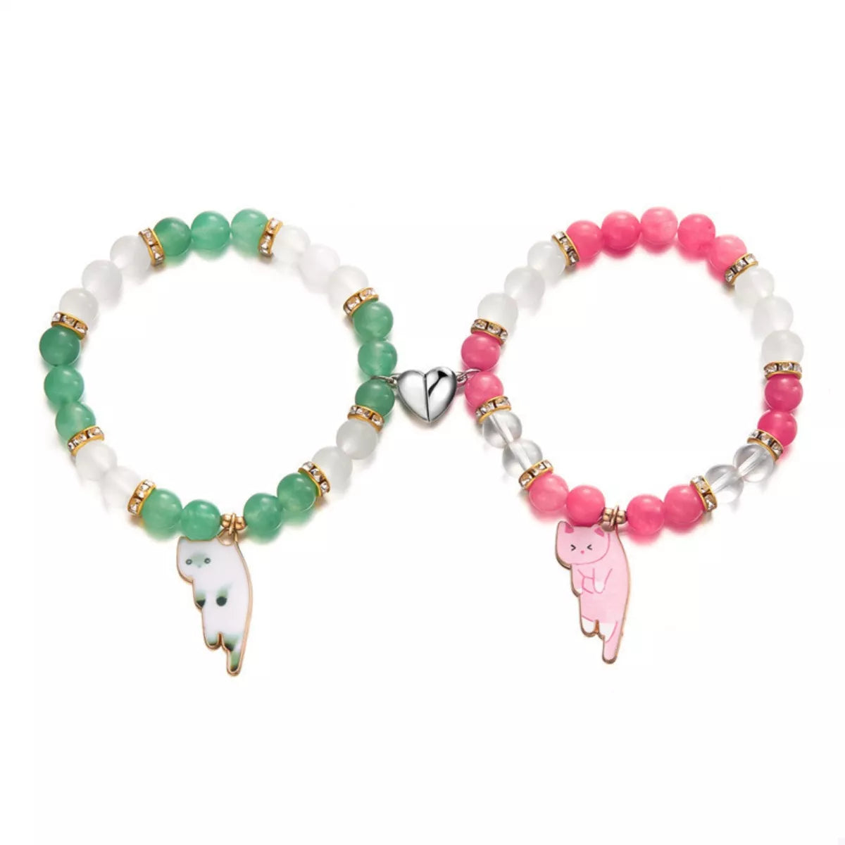 Trendsi 2 Piece Beaded Cat Charm Bracelet -