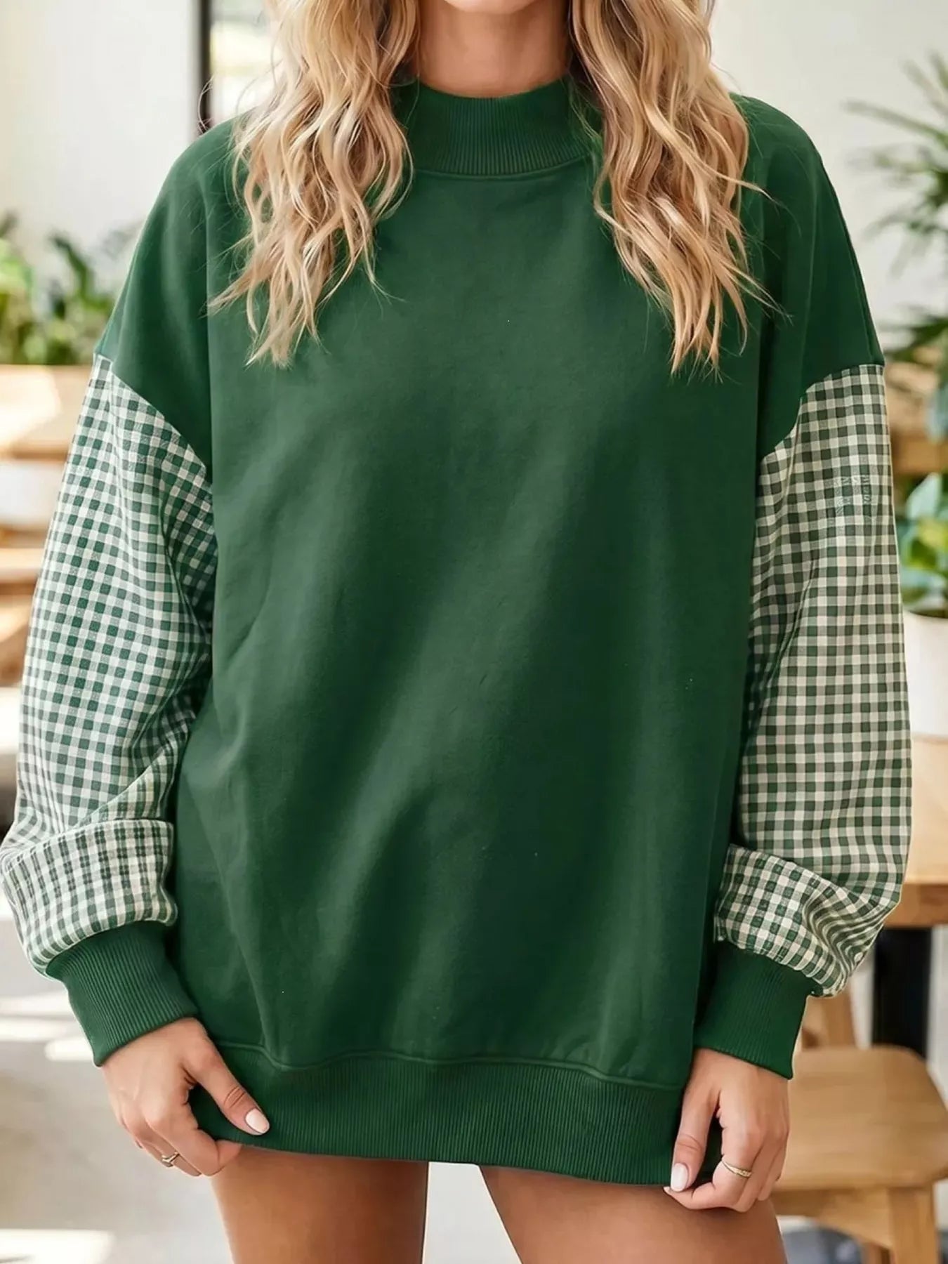 Trendsi Gingham Sleeves Round Neck Sweatshirt -