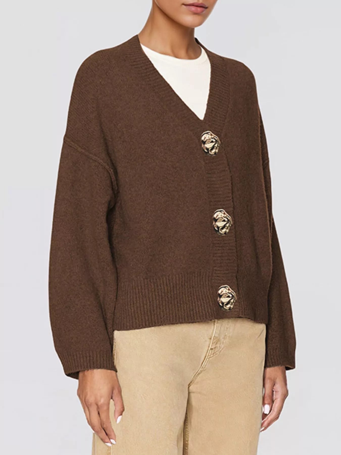 Trendsi Gold Buttons V-Neck Cardigan -