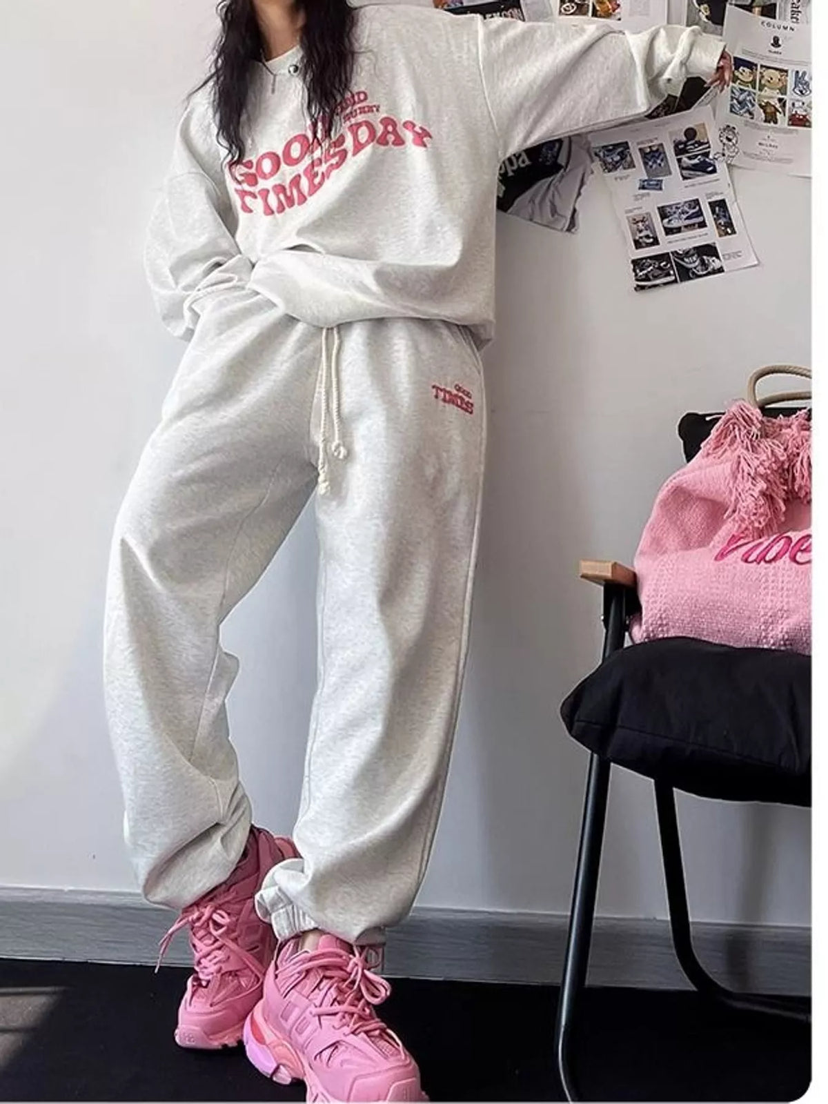 Oversized Graphic Sweatshirt and Jogger Set in gray