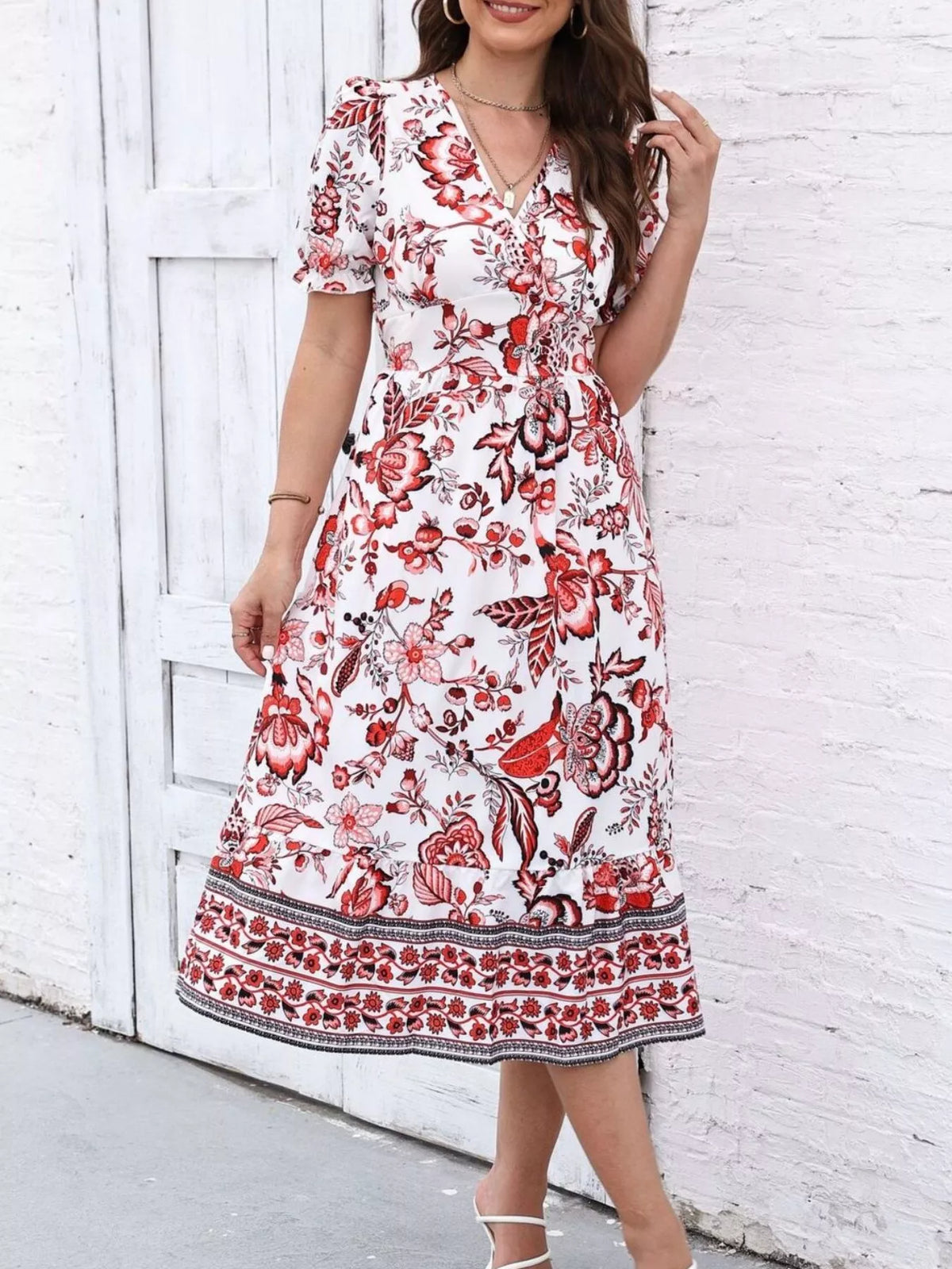 Trendsi Floral Print Puff Sleeve Wrap Midi Dress -