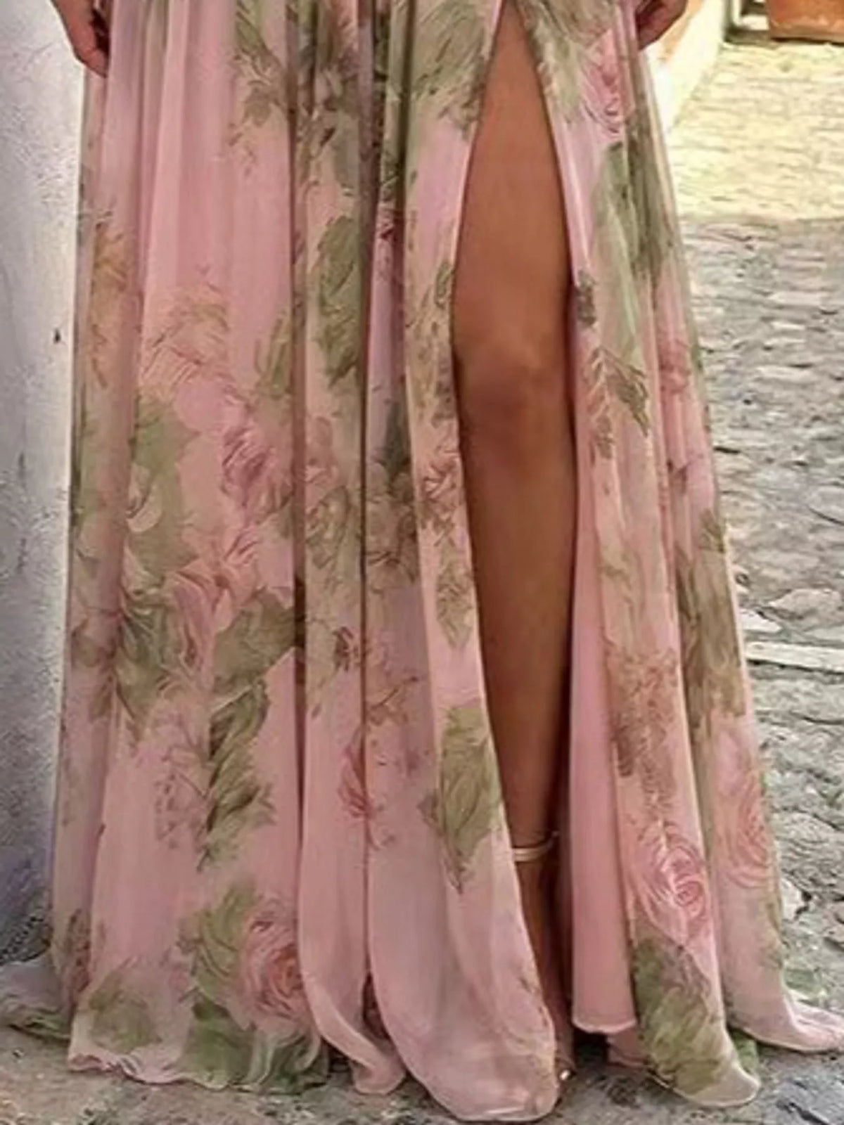 Pink one-shoulder floral chiffon maxi dress