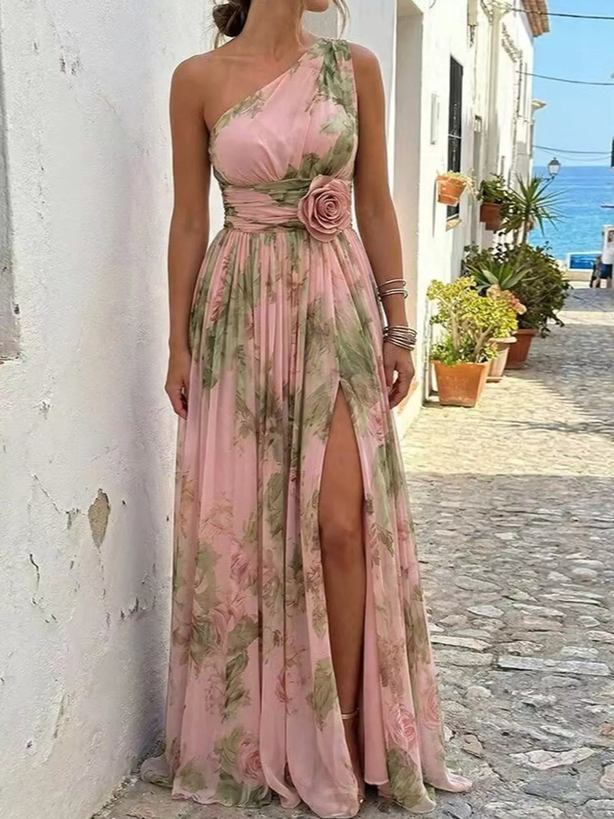 Pink one-shoulder floral chiffon maxi dress