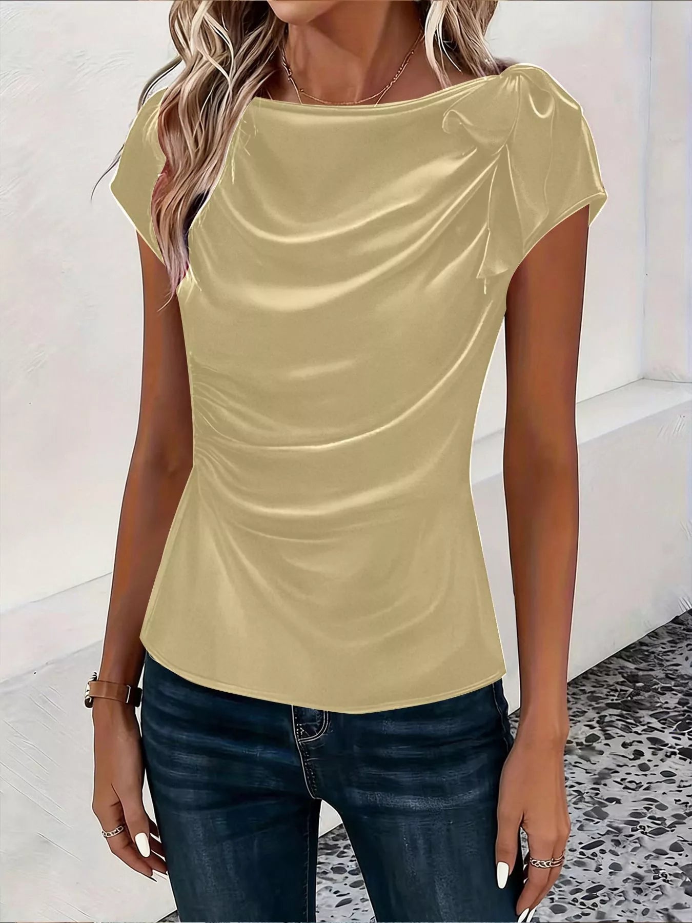 Trendsi Ruched Short Sleeve Satin Top -