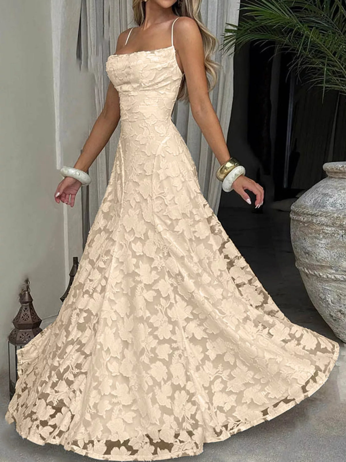 Cream backless lace maxi dress, front view