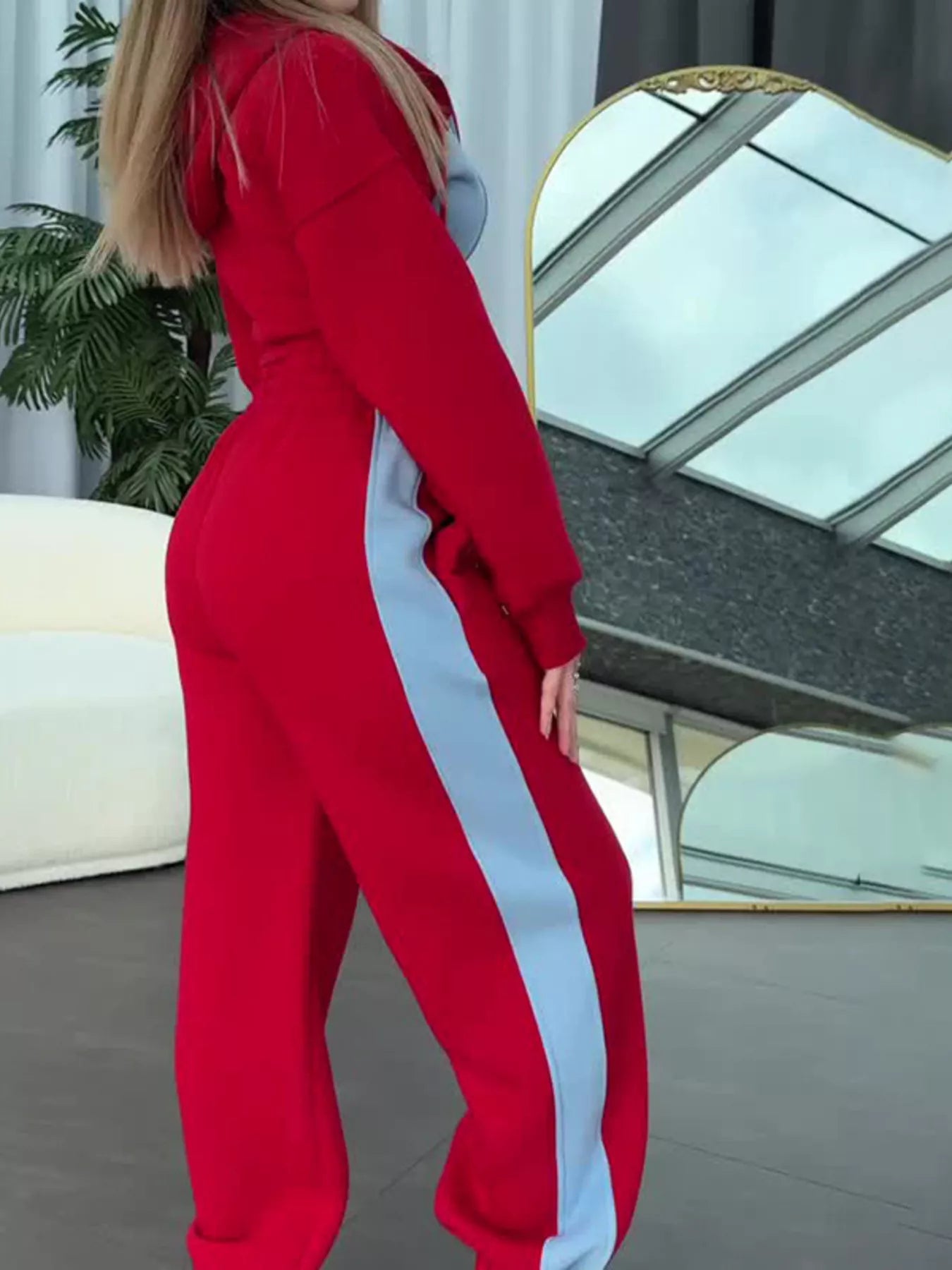 Trendsi Color-Block Zip-Up Crop Hoodie and Joggers Set -