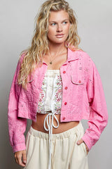 Trendsi POL Eyelet Textured Cotton Cropped Button-Front Jacket - Outerwear