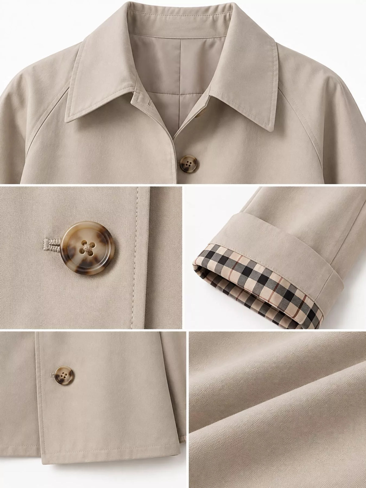 Cropped trench jacket, beige plaid cuff detail