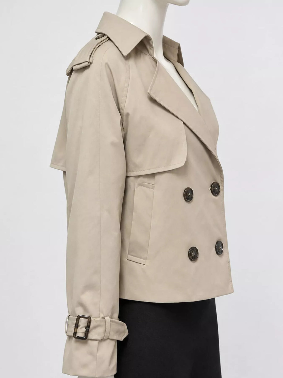 Women's Double-Breasted Cropped Trench Coat in beige — mannequin side view