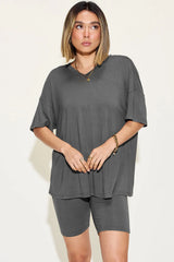 Trendsi Basic Bae Full Size V-Neck Drop Shoulder T-Shirt and Shorts Set -