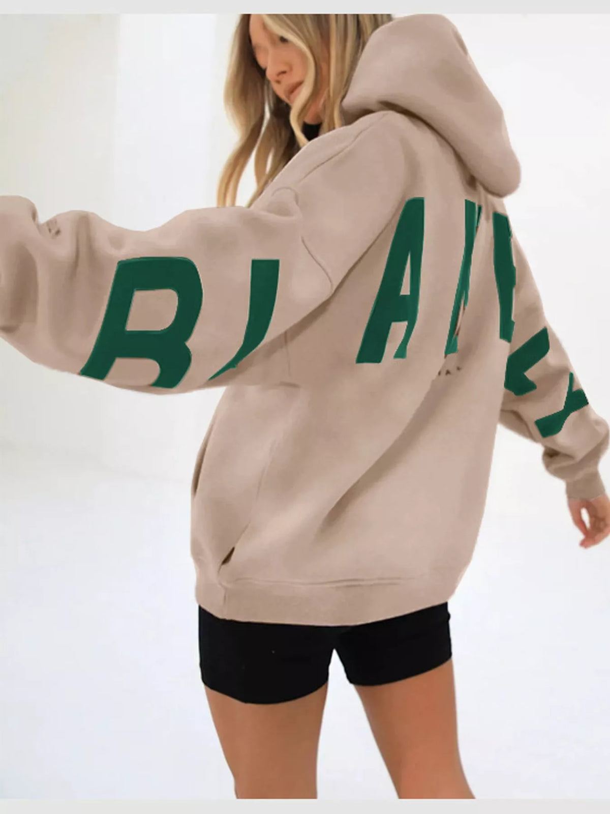 Letter Back Dropped Shoulder Hoodie — back view