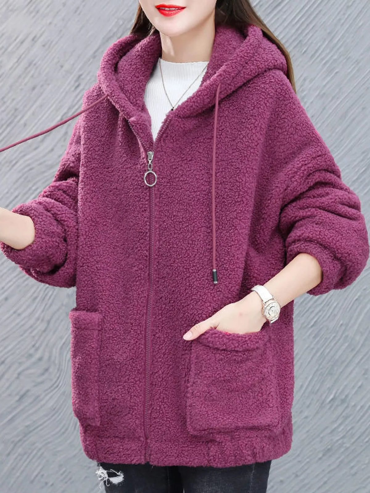 Rose Red fleece zip-up hoodie with pockets