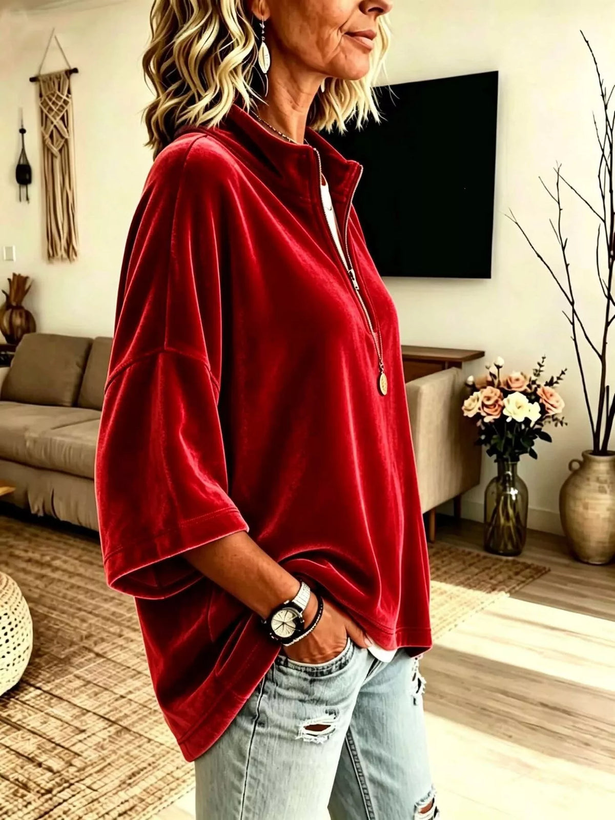 Trendsi Full Size Velvet Quarter-Zip Sweatshirt Plus Size -