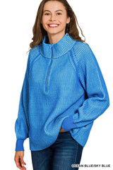 Trendsi Zenana Ribbed Two Tone Half Zip Sweater -