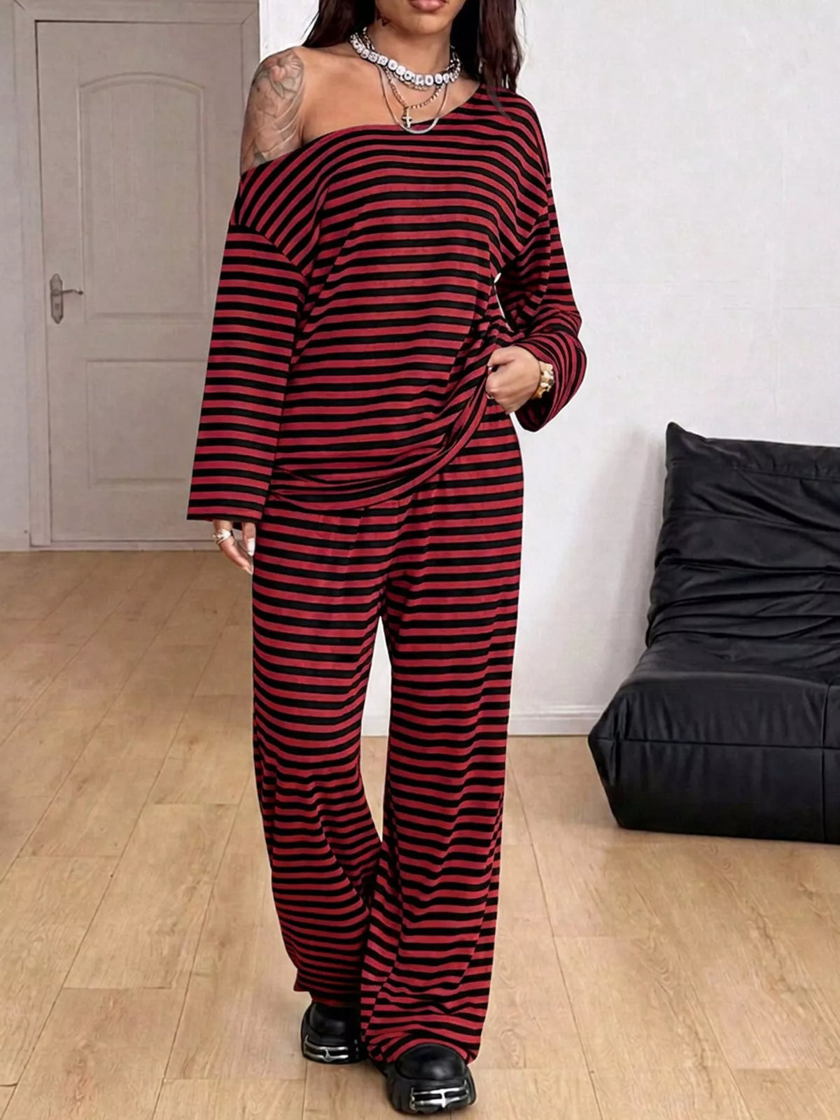 Off-Shoulder Striped Long Sleeve Top and Wide Leg Pants Set in scarlet