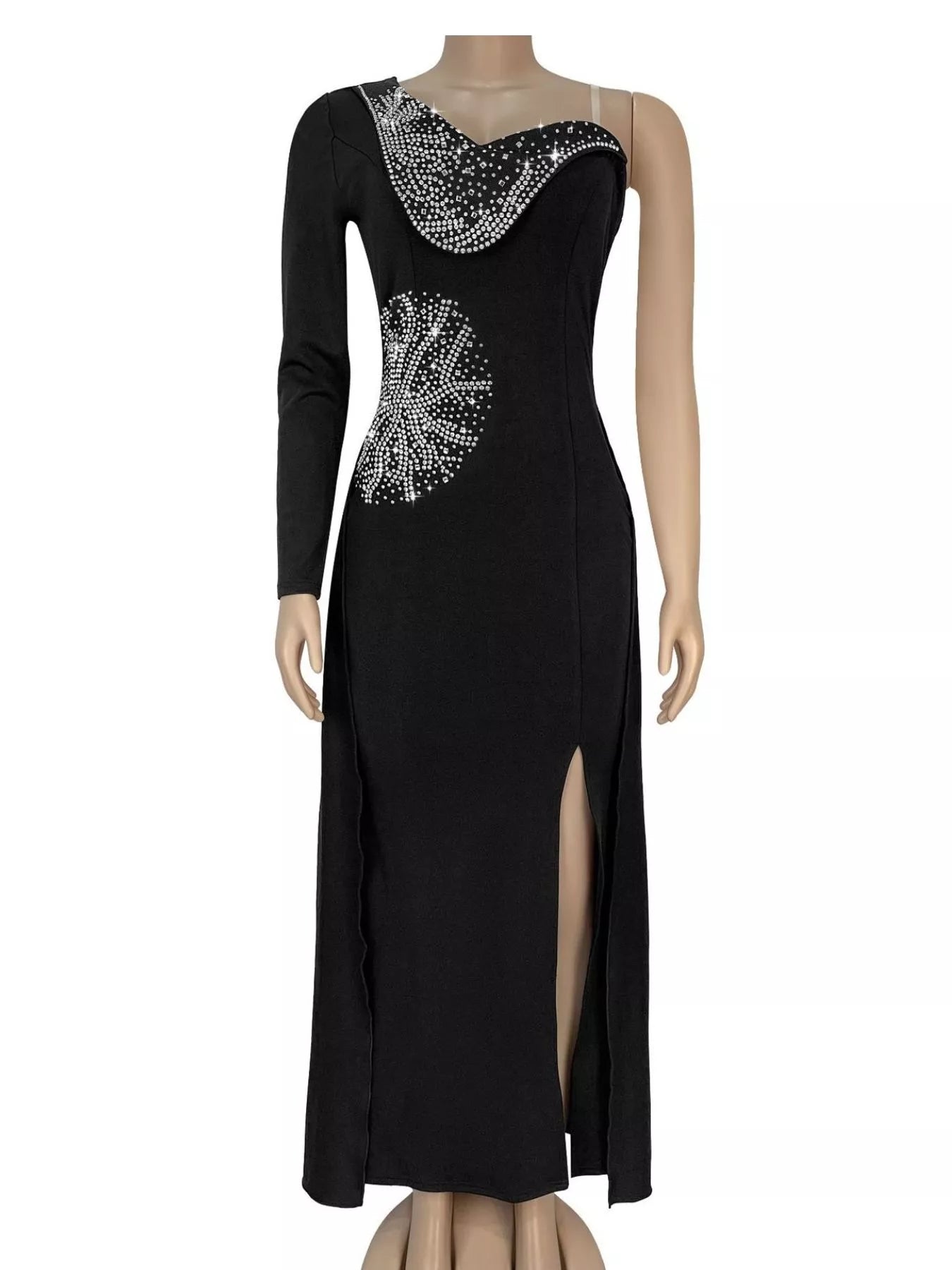 Trendsi Slit Rhinestone One Shoulder Maxi Dress -