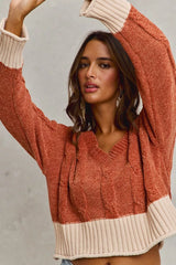 Trendsi SO ME Chenille Cable Knit V Neck Contrast Cropped Sweater -