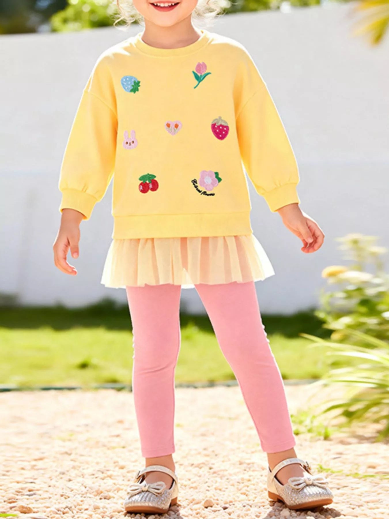 Trendsi Children's Applique Sweatshirt and Leggings Two-Piece Set with Tulle Hem -