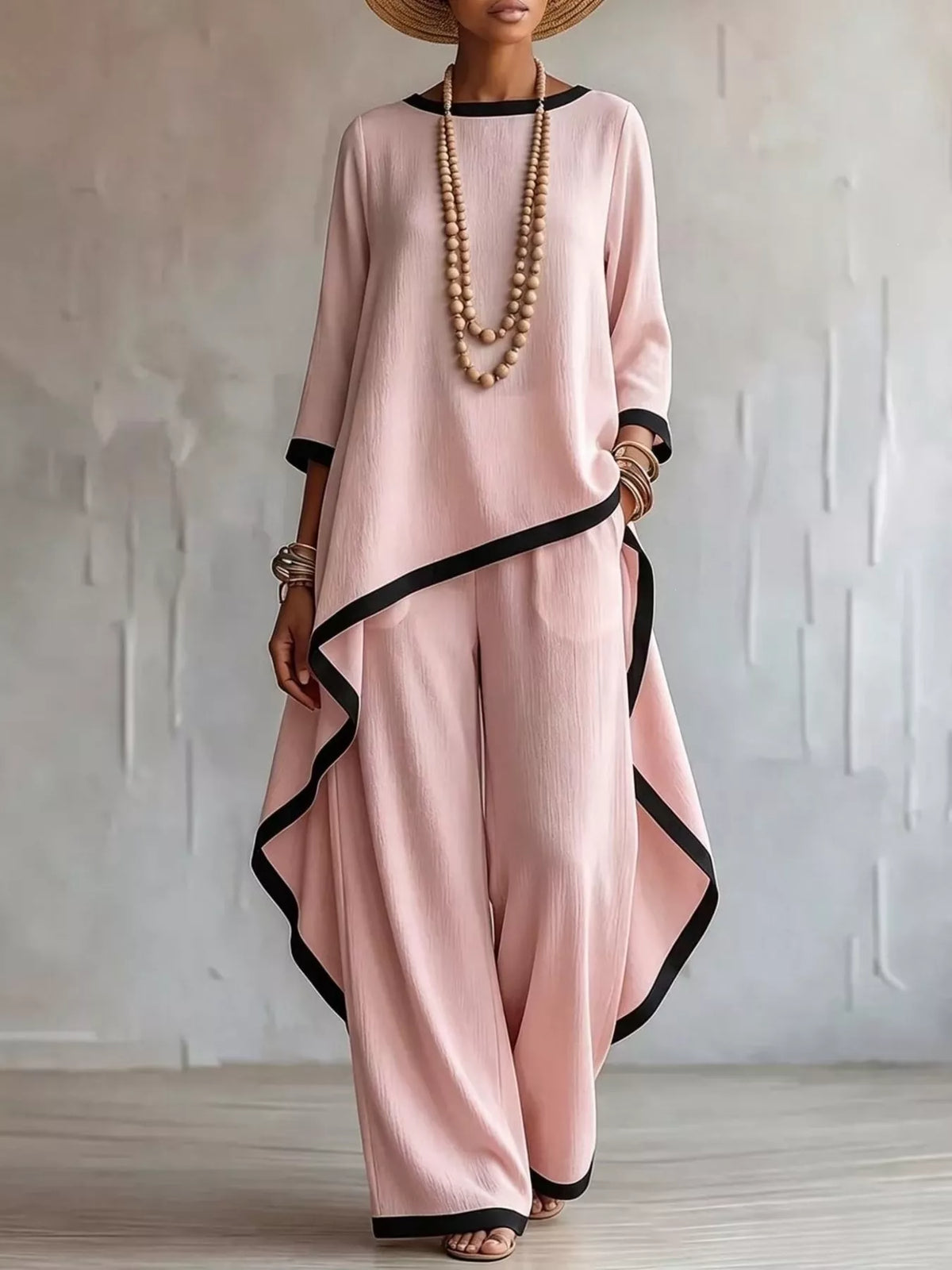 Pink contrast-trim top and pants set, front view