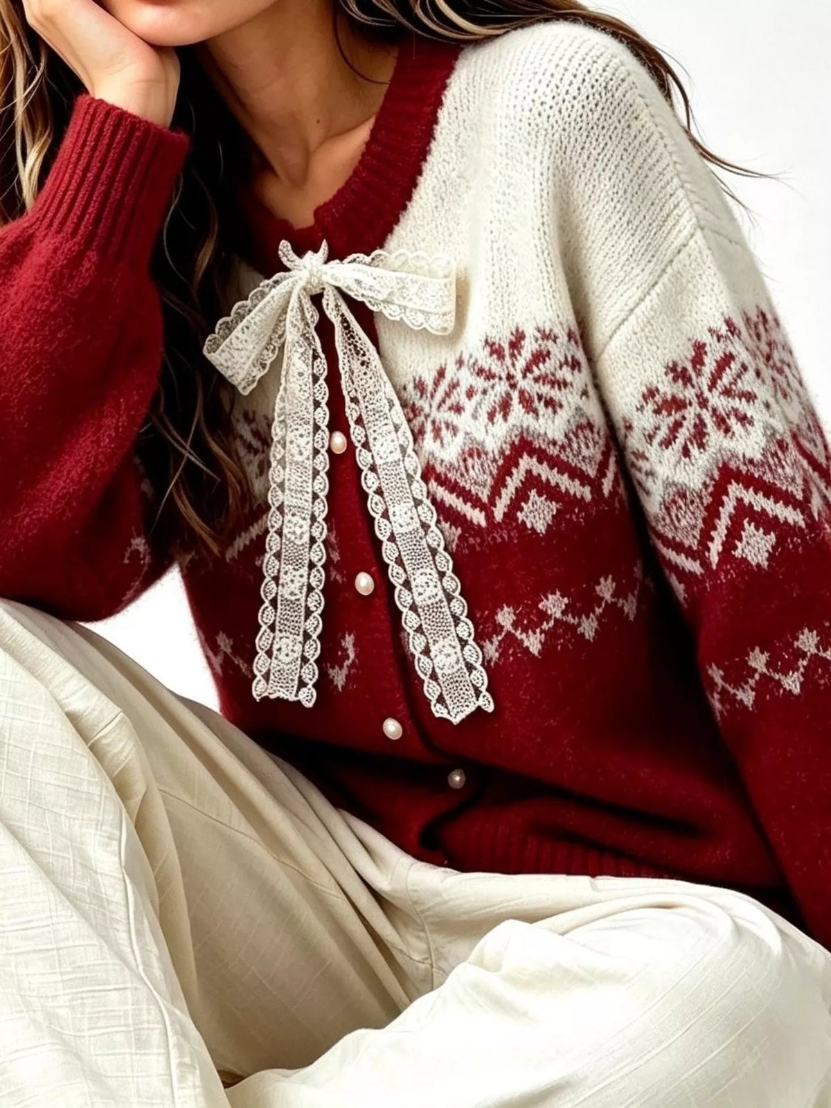 Red and cream lace tie button-up cardigan, bow, button front, patterned yoke, and ribbed trim
