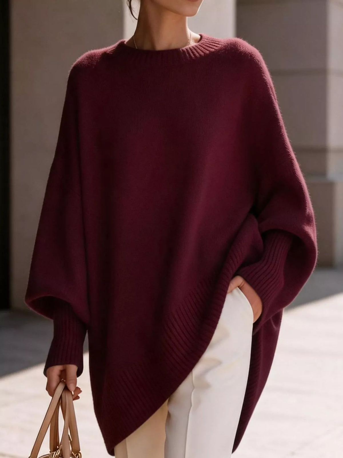 Ribbed Knit Dropped Shoulder Sweater in dark burgundy