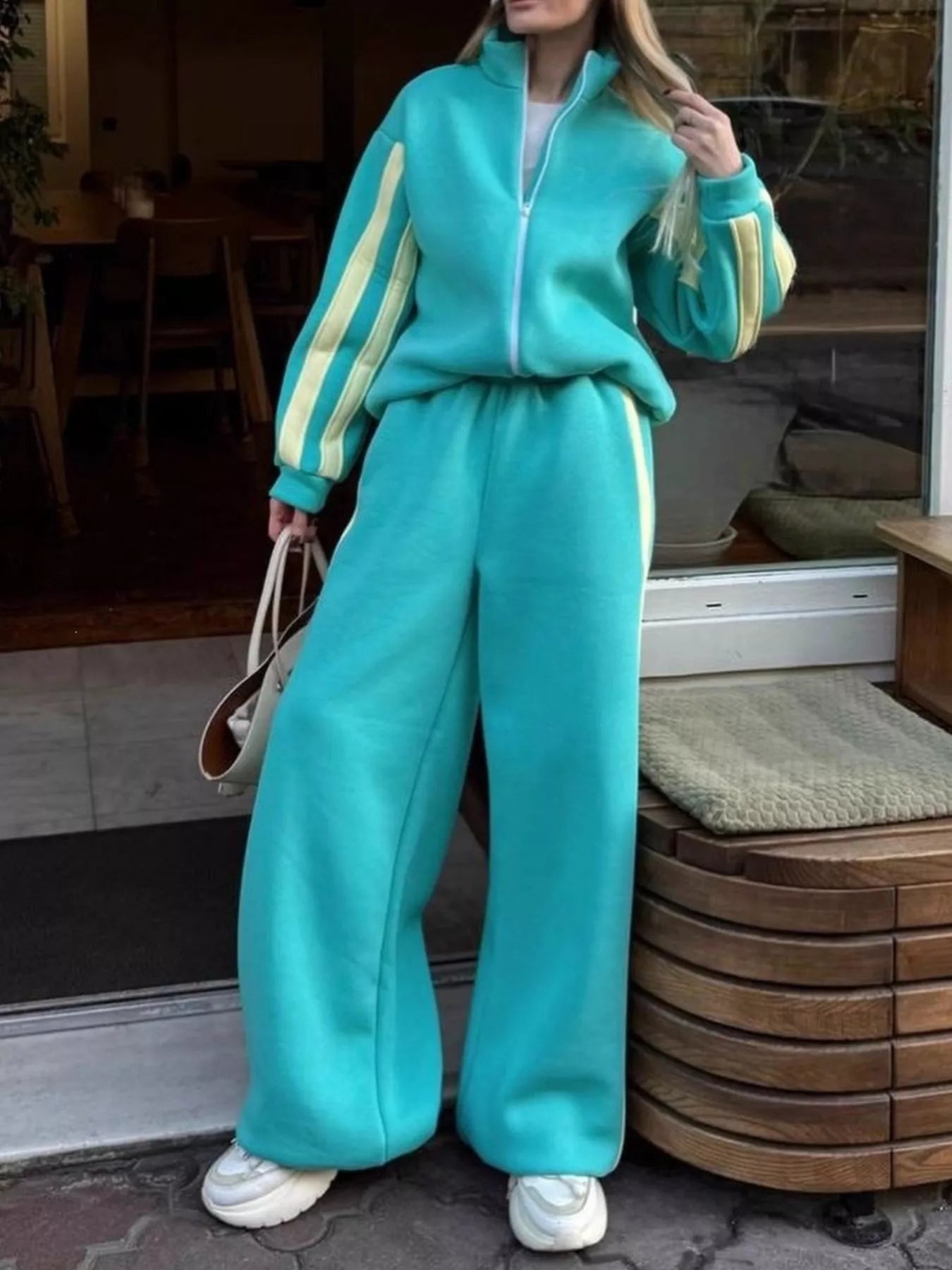 Trendsi Contrast Striped Zip Up Top and Pants Set -