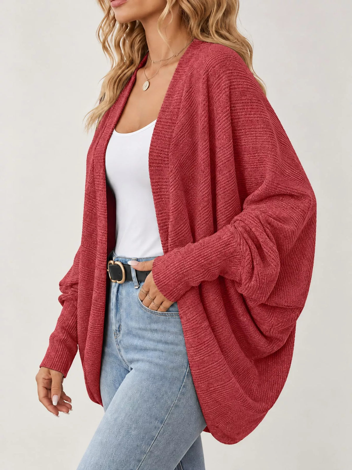 Orange Red open-front batwing sleeve cardigan