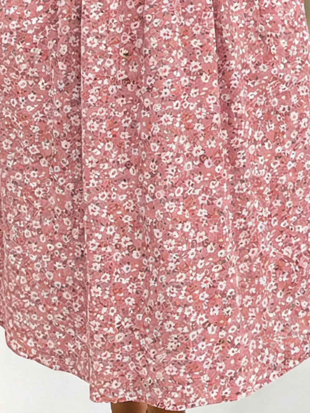 Pink floral short sleeve midi dress with pockets, fabric print detail