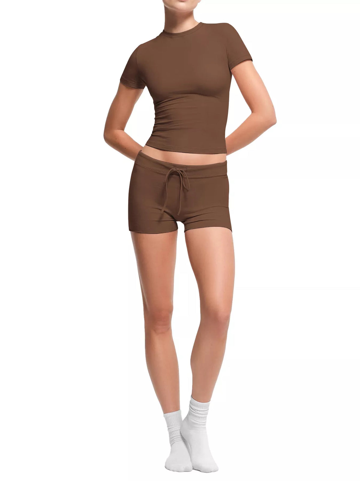 Brown crop top and drawstring shorts set, front view with arms behind